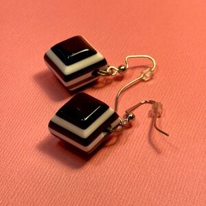 Earrings Pierced Handcrafted Unique Women Black/White Striped, Faceted, Cube